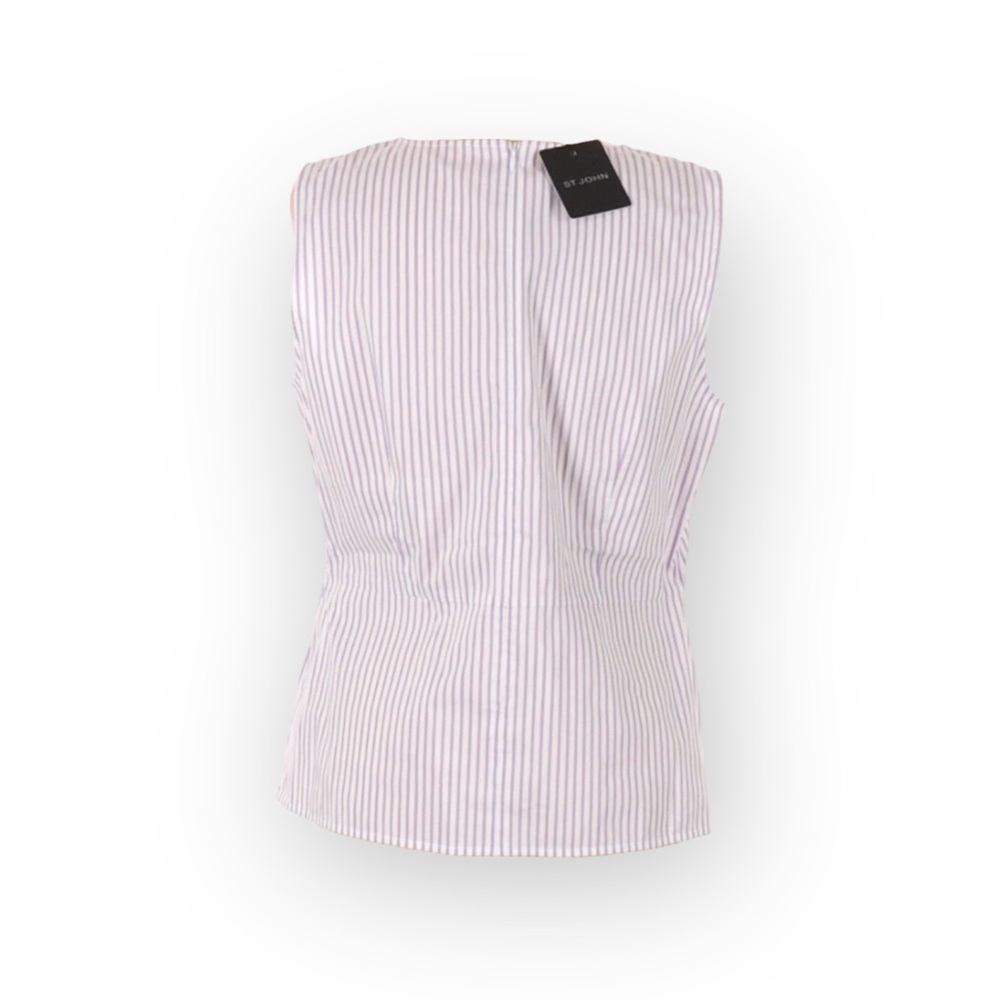 new St John ❉ Pinstripe Twist Front Peplum Top ❉ Orchid Stripe Chain Detail ❉ M - Picture 5 of 16